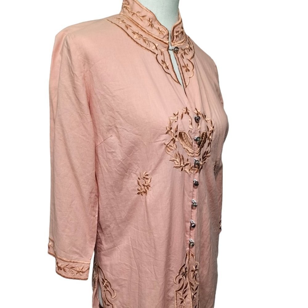 (1011) CLIO Orange Peach Button up 3/4 Sleeve Tunic Embroidered Top Size 6